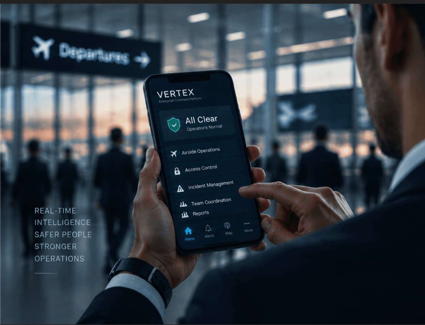 A security operator at an airport departures hall checking the Vertex app on his phone, showing an All Clear status alongside airside operations, access control and incident management.